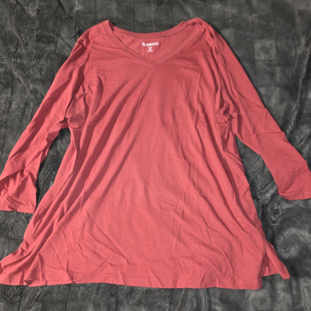 Roaman's Women's V-Neck 3/4 Sleeve Tunic Top - Coral Pink